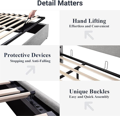 Allewie Queen Size Lift Up Storage Bed, Modern Wingback Headboard, Hydraulic Support, No Box Spring Needed, Light Grey
