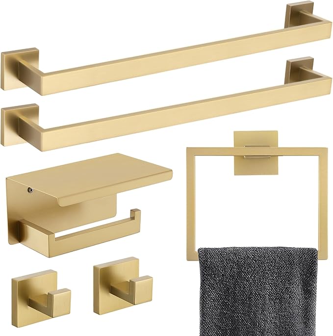TNOMS 6-Piece Bathroom Hardware Set 23.6 Inch Gold Towel Bar Set Double Towel Bar Towel Ring Coat Hook and Toilet Paper Holder with Shelf Wall Mounted Stainless Steel Bathroom Accessories Set