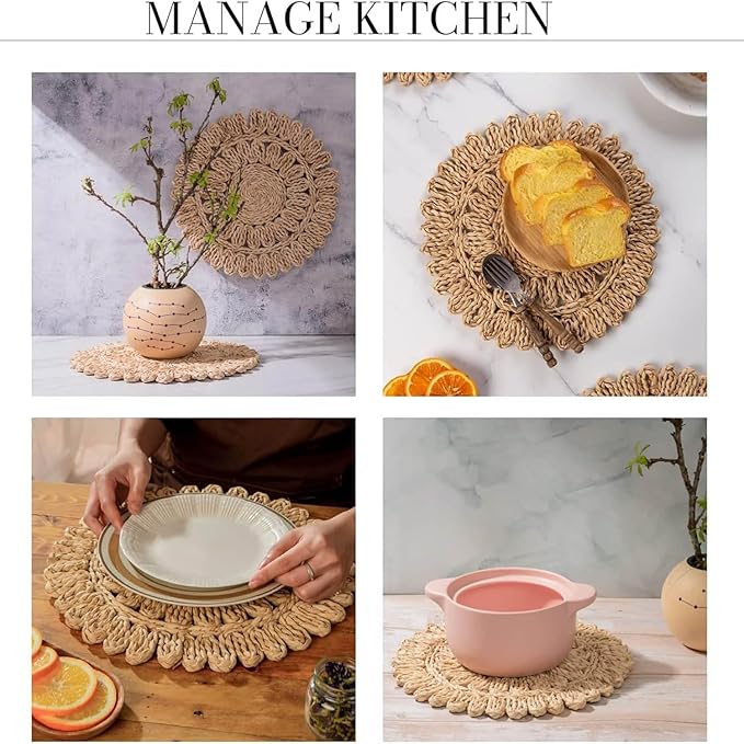 15" Set of 4 Round Corn Husk Placemats | Boho Woven Rattan Table Mats | Farmhouse Wicker Spring Plate Chargers Like Water Hyacinth, Seagrass for Wedding, Party, Christmas, Events