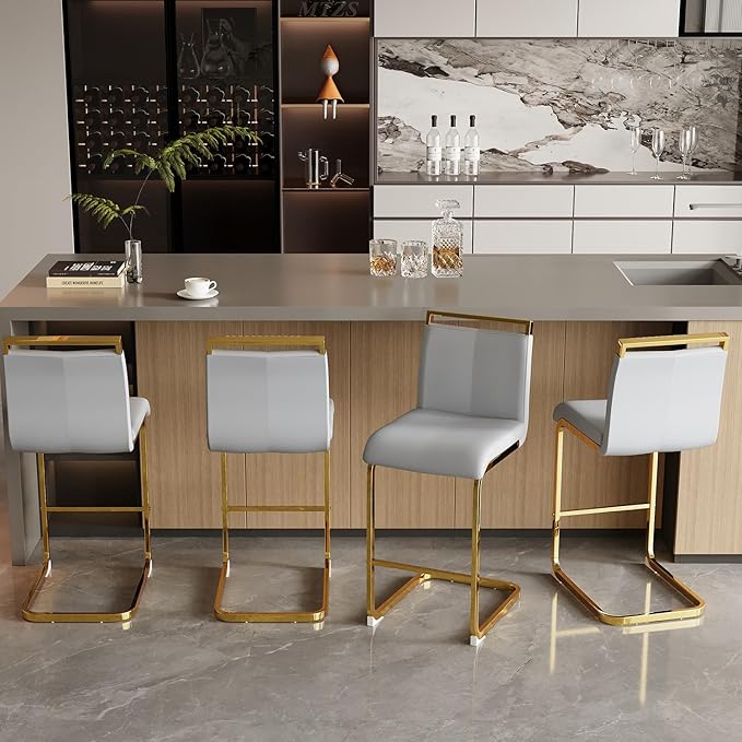 Counter Height Bar Stools Set of 4,Bar Stools with Back,25" Light Grey Island Chairs with Gold Chrome Plated Metal Leg,Faux Leather Barstools for Pub Kitchen Counter Dining Chair