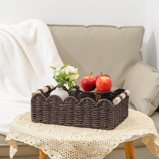 CubesLand Paper Rope Scalloped Edge Shelves Storage Basket, Woven Toilet Paper Baskets for Over Toilet Storage Shelf, Floating Shelves Organizing or Home Décor, with Wood Handle, Brown