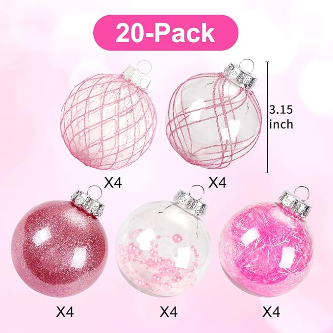 BSTDECOR Christmas Ball Ornaments Set, 20ct Large Clear Pink Shatterproof 80mm/3.15" Hanging Decorative Baubles for Christmas Tree Decoration