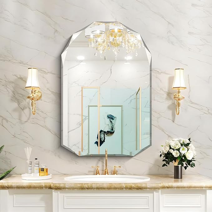 KOCUUY 24"x36" Frameless Wall Mirror, Arched Shape with Diamond-Shaped Beveled Edge,Unframed Decorative with Upgraded Shatterproof Glass,Unique Frameless Mirror for Bathroom,Living Room,Bedroom