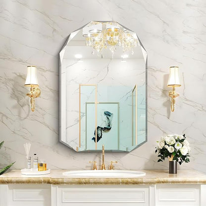 KOCUUY 24"x36" Frameless Wall Mirror, Arched Shape with Diamond-Shaped Beveled Edge,Unframed Decorative with Upgraded Shatterproof Glass,Unique Frameless Mirror for Bathroom,Living Room,Bedroom