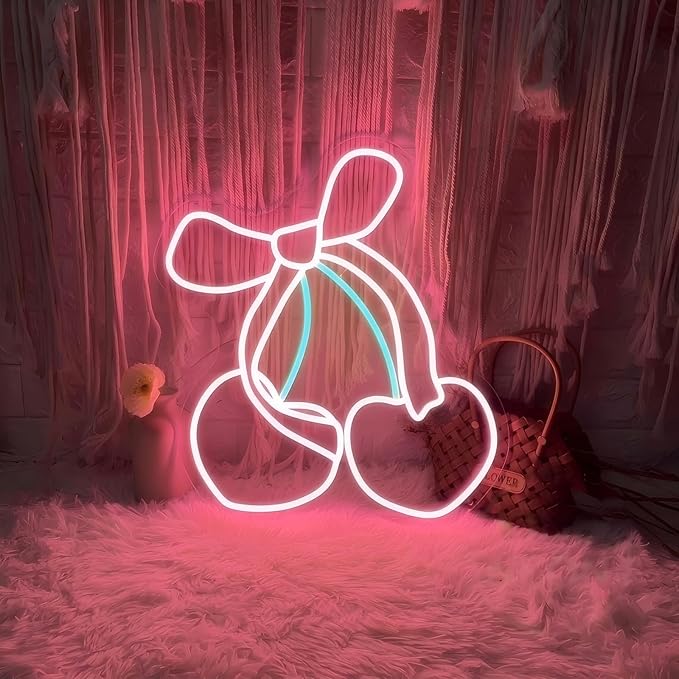Pink Cherry Bow LED Neon Sign, Girly Heart Coquette Cherry Trendy Wall Art Neon Light Girl's Bedroom Home Dorm Salon Wall Decor for Kids Room,Restaurant,Bar,Fruit Shop,Home, Wedding Supplies