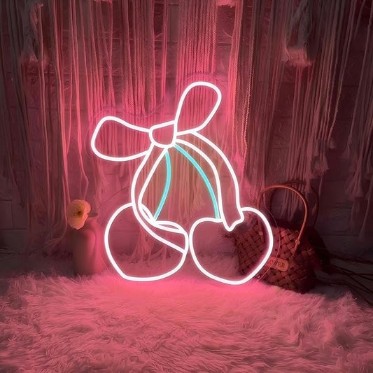 Pink Cherry Bow LED Neon Sign, Girly Heart Coquette Cherry Trendy Wall Art Neon Light Girl's Bedroom Home Dorm Salon Wall Decor for Kids Room,Restaurant,Bar,Fruit Shop,Home, Wedding Supplies
