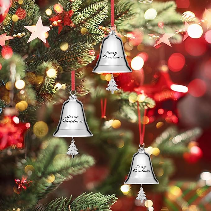 Styleonme Decorative Bells, Christmas Ornaments 2025, Engraved It's Merry Christmas 2025, Silvery Bells Decoration with Pendants Tree