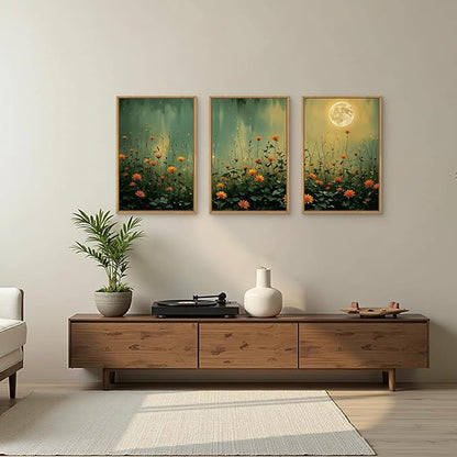 HOURIA Mystical Midnight Wildflower Framed Canvas Wall Art Set,Moonlit Orange Floral Wall Decor,Nature Inspired Landscape Artwork,Watercolor Art Prints for Living Room,Bedroom,Farmhouse-24 x36 x3