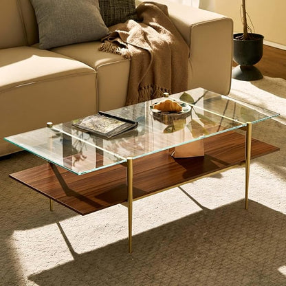 AGV LIGHTING Tadio Large Glass Coffee Table, Mid-Century Modern Coffee Table for Living Room, Gold Finish Leg, Clear Glass Top & Walnut Brown Shelf, 47 in