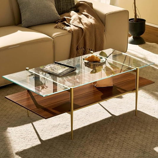 AGV LIGHTING Tadio Large Glass Coffee Table, Mid-Century Modern Coffee Table for Living Room, Gold Finish Leg, Clear Glass Top & Walnut Brown Shelf, 47 in