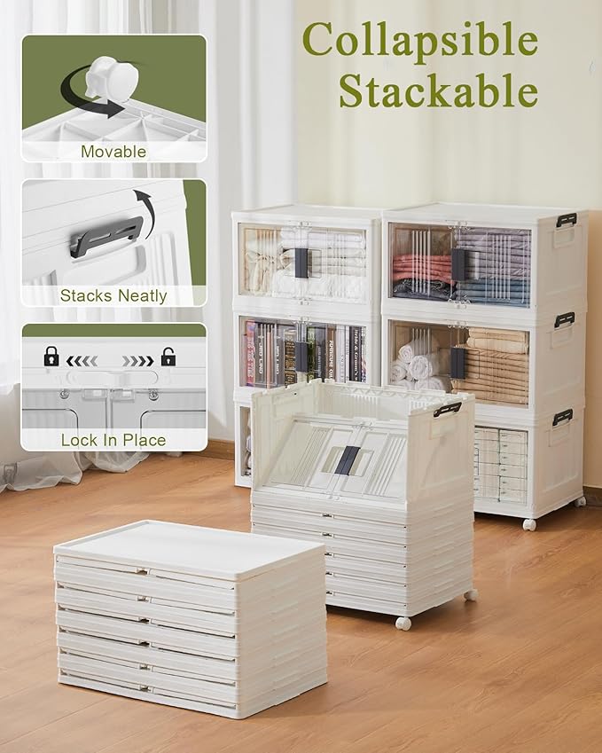 OlarHike Stackable Storage Bins with Lids Folding Storage Box with Doors and Wheels 6 Pack Cubes
