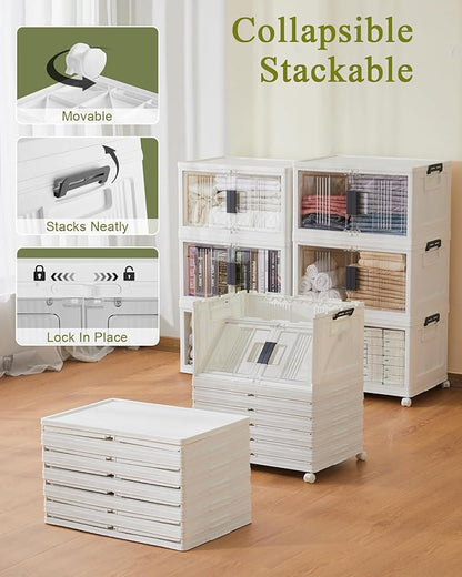 OlarHike Stackable Storage Bins with Lids Folding Storage Box with Doors and Wheels 6 Pack Cubes
