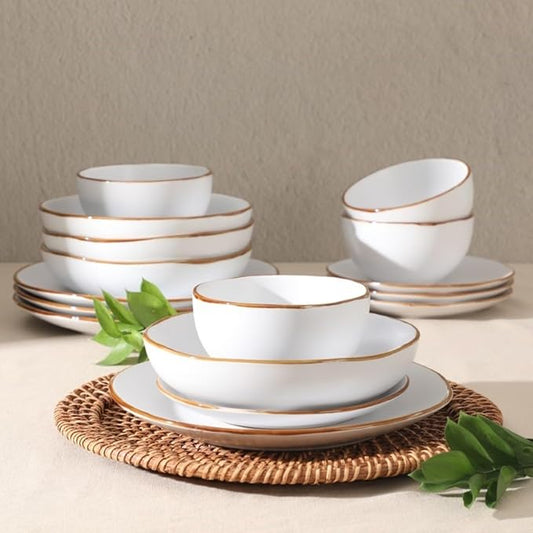 Gibson Home Hazeltine 16 Piece Plates and Bowls Dishes Stoneware Ceramic Dinnerware Set - White