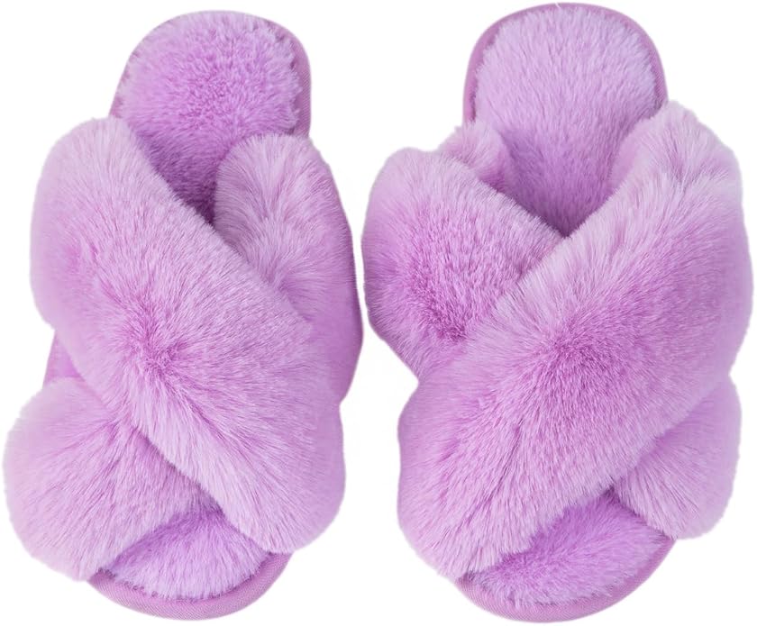 Women's Slipper Memory Foam Cross Band Fuzzy Slippers Open Toe Cozy House Slippers Cozy Plush Bedroom Indoor Outdoor