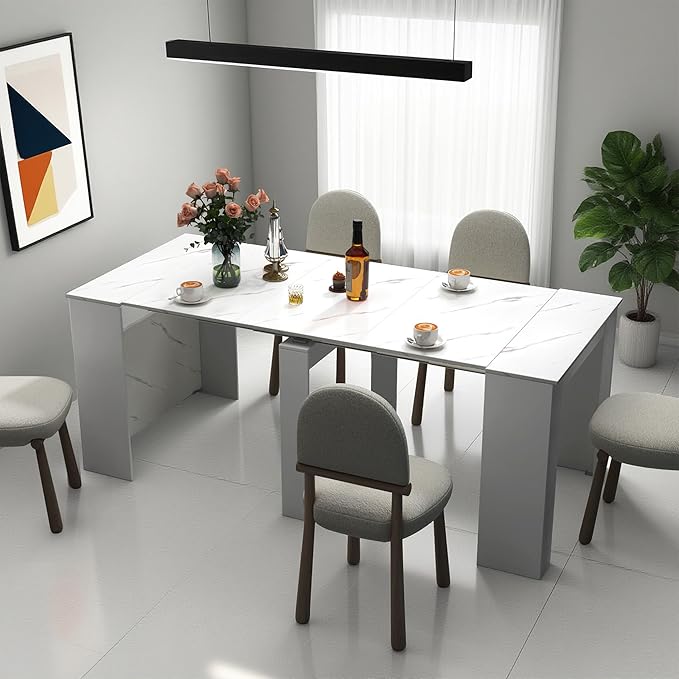 20''- 118.5'' Extendable Dining Room Table, Expandable Dining Table, Modern Large Table, for 2-12 Person, White Marble