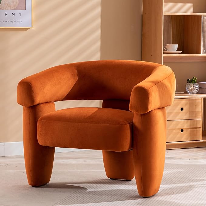 Mid Century Modern Accent Barrel Chair Comfy Upholstered Round Armchair with Montage Design, Velvet Boucle Lounge Chair for Living Room Bedroom Apartment, Orange