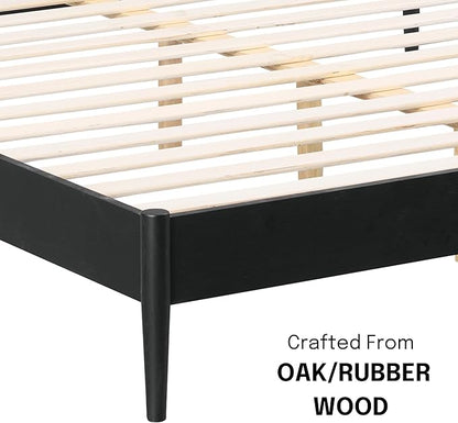 NTC Lupin Wooden Bed Frame with Headboard and Natural Rattan, Solid Oak Foundation with Silent Slats, 1000 Lb Capacity, Effortless Assembly, Queen - Burnt Black