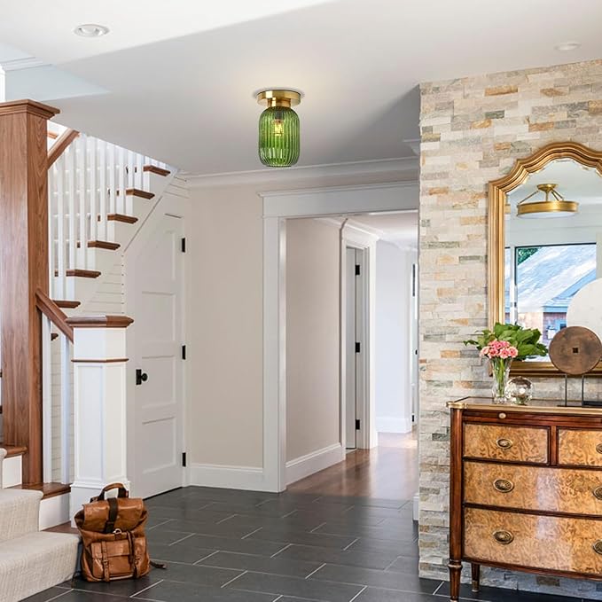 Mid Century Modern Ceiling Lamp 1-Light Gold Ceiling Light Classic Green Glass Shade Vintage Design Glass Flush Mount Lights for Hallway Living Room Kitchen (Green, 2 Pack)