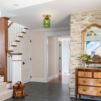 Mid Century Modern Ceiling Lamp 1-Light Gold Ceiling Light Classic Green Glass Shade Vintage Design Glass Flush Mount Lights for Hallway Living Room Kitchen (Green, 2 Pack)