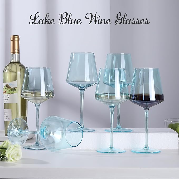 Light Blue Wine Glasses Set 6-16oz Modern Blue Wine Glasses With Tall Long Stem and Flat Bottom,Unique Blue Wine Stemware for Birthday Wedding Bridal Shower