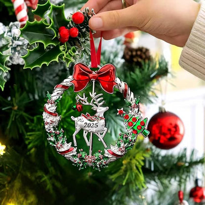 Christmas Ornament 2025 for Christmas Tree Hanging Decorations, Xmas Wreath Ornament with Rotatable Reindeer, Dated 2025 Metal Xmas Ornament for Holiday Decorative Keepsake Gift