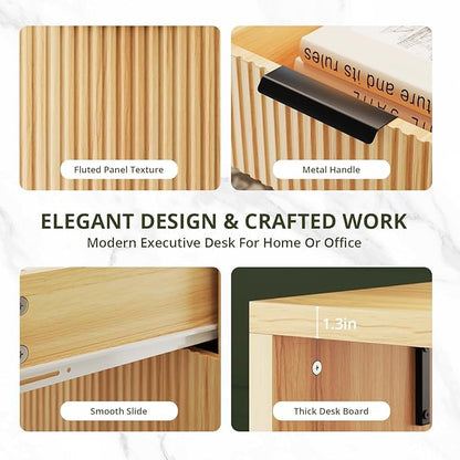 FURSUN 58" Modern Executive Desk with Storage, Home Office Desk with Drawer & Cabinet, Wooden Fluted Desk for Study, Living Room, Bedroom, Natural Oak