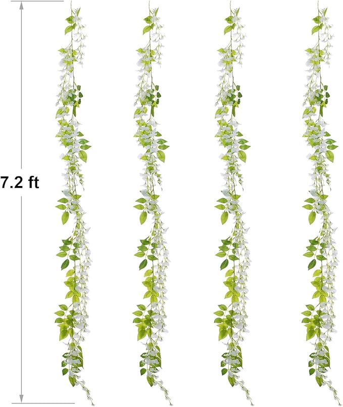 Lvydec Wisteria Artificial Garland, 4Pcs Total 28.8ft White Artificial Wisteria Vine Silk Hanging Flower for Home Garden Outdoor Ceremony Wedding Arch Floral Decor