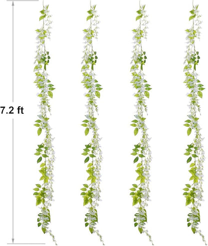 Lvydec Wisteria Artificial Garland, 4Pcs Total 28.8ft White Artificial Wisteria Vine Silk Hanging Flower for Home Garden Outdoor Ceremony Wedding Arch Floral Decor