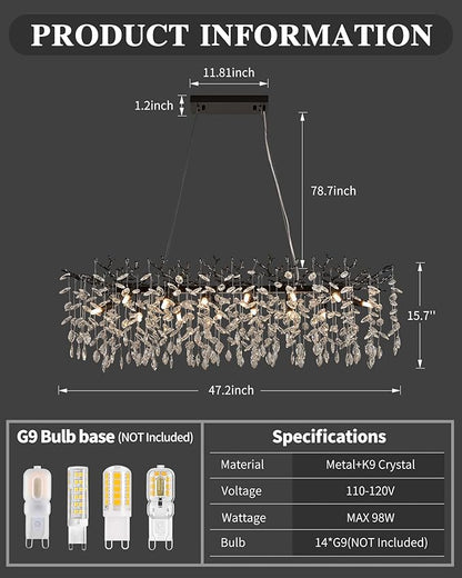 Modern Black Crystal Chandeliers for Living Room, Tree Branch Chandelier 14 Lights Rectangular 47.2" Hanging Pendant Light Fixture for Kitchen Island Dining Room Foyer Entryway
