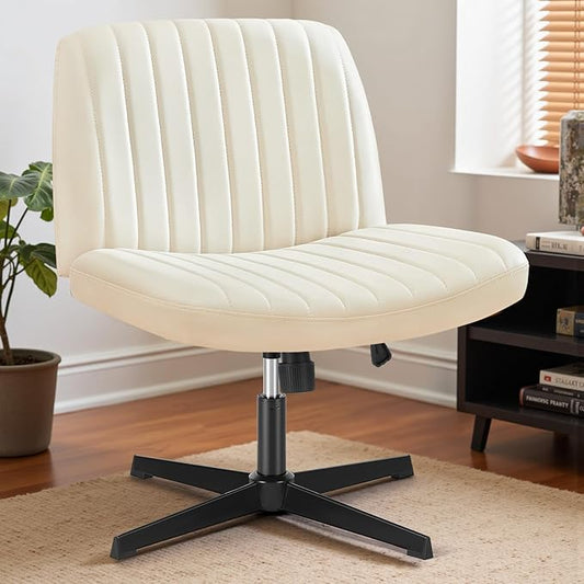 DUMOS Desk Chair No Wheels, Criss Cross Chair Wide Cross Legged Desk Vanity Chair, PU Leather Armless Adjustable Swivel Chairs for Home Computer Task Beige