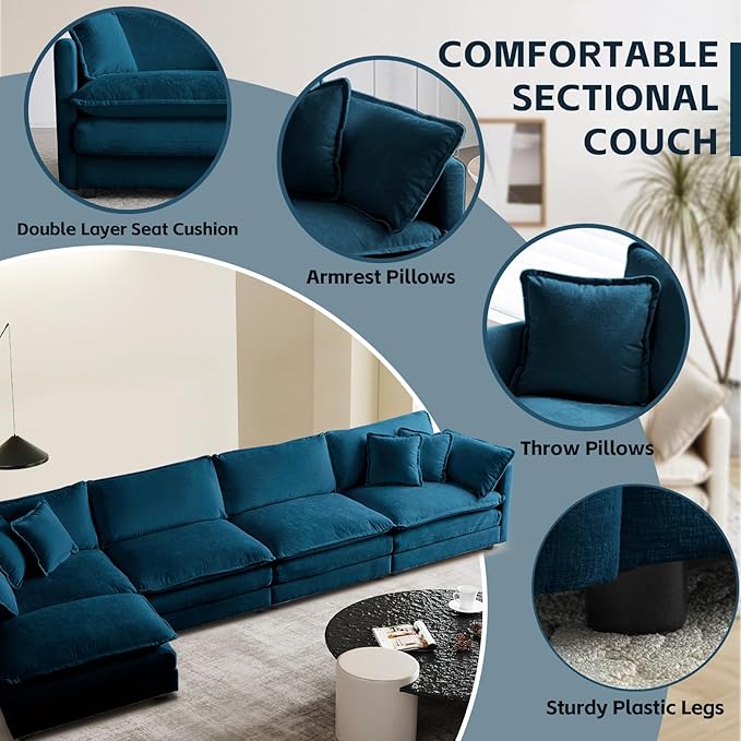 SoarFlash Chenille Sectional Sofa, Comfy L Shaped Modular Coush Sofa with Ottoman, Modern 4 Seat Couch Deep Seat Sofa Set for Living Room,Deep Blue