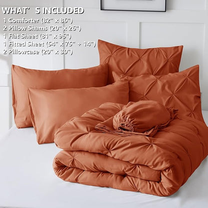 CozyLux Full Size Comforter Sets Burnt Orange, 7 Pieces Pintuck Bed in A Bag Terracotta Comforter Full Size, Pinch Pleat Bedding Sets with All Season Comforter, Sheets, Pillowcases & Shams