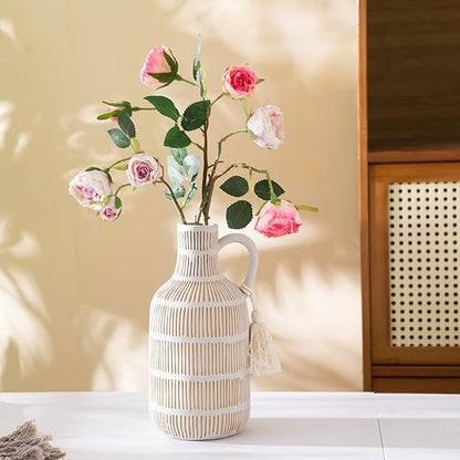 Farmhouse Vase with Handle and Tassel, Grey Yellow Vertical Stripes Design Clay Vase 10'' Tall - Ceramic Flower Vase for Rustic Home Decor, for Fireplace Kitchen Living Room Centerpieces