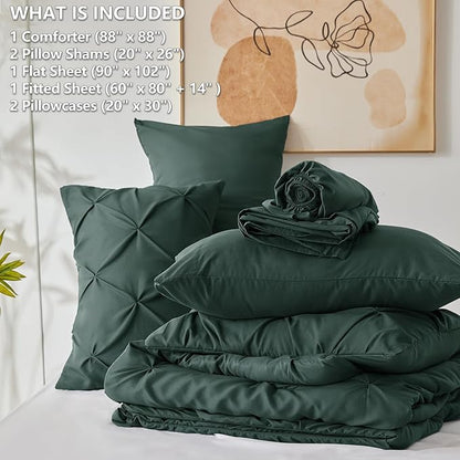 CozyLux Queen Comforter Set Forest Green, 7 Pieces Pintuck Bed in A Bag, Premium Green Comforter Queen Size, Pinch Pleat Bedding Sets with Comforter, Sheets, Pillowcases & Shams