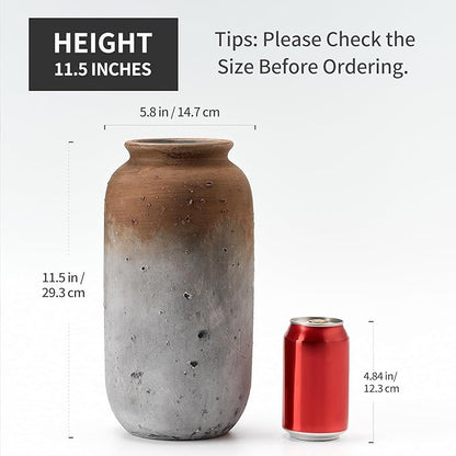 Ceramic Farmhouse Vase for Decor | 11.5 Inch Large Ceramic Rustic Vintage Flower Pottery Vase for Home Countertop, Living Room, Shelf, Centerpiece and Table Deocration, Brown