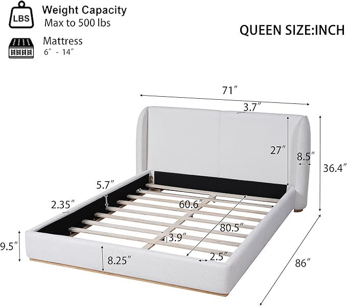 Queen Size Bed Frame, Upholstered Cloud Boucle Platform Beds Frames with Headboard, Anti-Collision Soft Rounded Corners Footboard, No Box Spring Required, Easy Assembly (36" White, Queen)