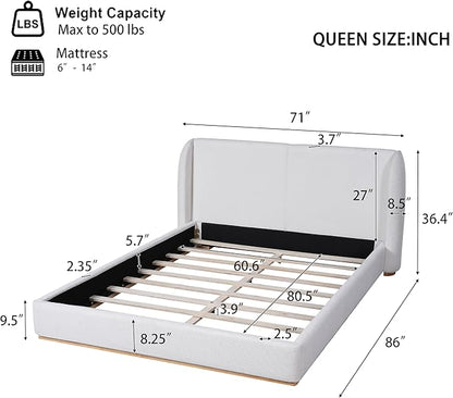 Queen Size Bed Frame, Upholstered Cloud Boucle Platform Beds Frames with Headboard, Anti-Collision Soft Rounded Corners Footboard, No Box Spring Required, Easy Assembly (36" White, Queen)