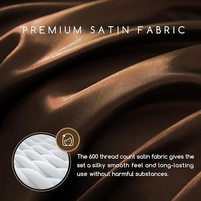 MR&HM Satin Bed Sheets, Queen Size Sheets Set, 6 Pcs Silky Bedding Set with 15 Inches Deep Pocket for Mattress (Queen, Brown)