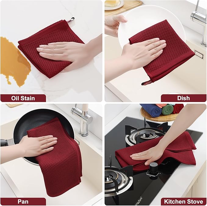 Homaxy 100% Cotton Kitchen Towels and Dishcloths Set, 12 x 12 Inches and 13 x 28 Inches, Set of 16 Bulk Kitchen Towels Set, Ultra Soft Absorbent Dish Cloths for Washing Dishes, Burgundy