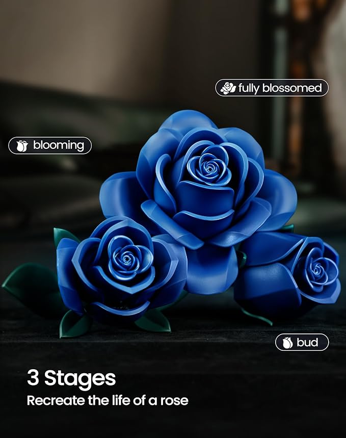 iATOM Blue Rose Bouquet Building Set, Compatible with Lego Flowers for Adults - Gift for Halloween, Gothic Retro Artificial Flowers Botanical Collection Home Decor - IA11007
