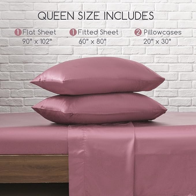 MR&HM Satin Bed Sheets, Queen Size Sheets Set, 4 Pcs Silky Bedding Set with 15 Inches Deep Pocket for Mattress (Queen, Rose Taupe)