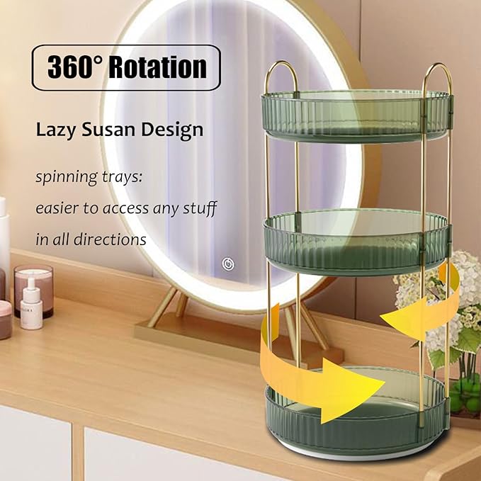 Rotating Makeup Organizer Countertop 3 Tier Lazy Susan Clear Skincare Perfume Storage for Bathroom Counter Vanity, Green Gold