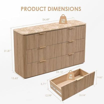 Fluted 6 Drawer Dresser for Bedroom, 54.5" Wide Modern Chest of Drawers with Faux Marble Top, Curved Corners, Wooden Dresser TV Stand with Organizer Storage for Living Room, Natural Oak