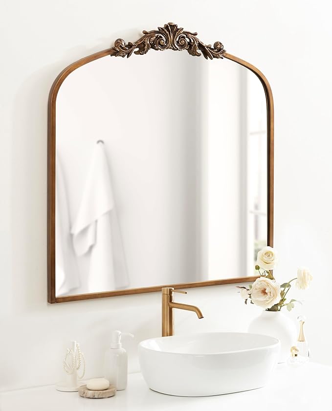 Kate and Laurel Arendahl Ornate Traditional Square Arched Mirror; 28 x 30; Antique Gold; Decorative Baroque Style Arch Vintage Mirror with Wide Frame and Crown