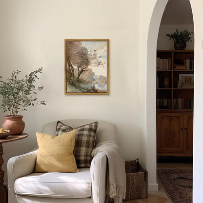KBKBART Framed Canvas Wall Art Vintage Southwest Decor, Retro Neutral Landscape Riverside Botanical Art Prints Painting, Rustic Farmhouse Wall Decor Ready To Hang for Bedroom, Bathroom, Living Room,