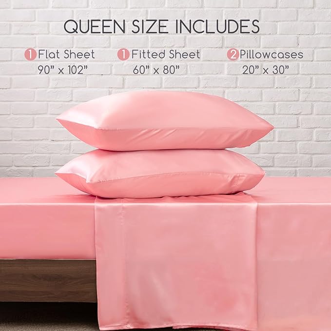 MR&HM Satin Bed Sheets, Queen Size Sheets Set, 4 Pcs Silky Bedding Set with 15 Inches Deep Pocket for Mattress (Queen, Blush)