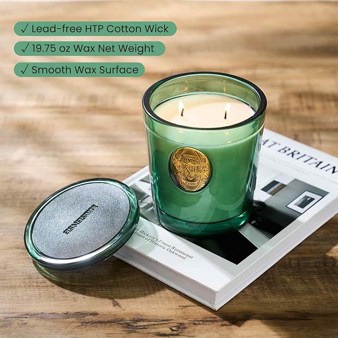 M&SENSE Large Two-Wick Soy Candle | Eucalyptus Cedarwood& Emerald Green | 19.8 oz, 120H Burn Time | Luxury Scented Candle for Relaxation, Gifting, Home Décor | Ideal for Bedroom, Office