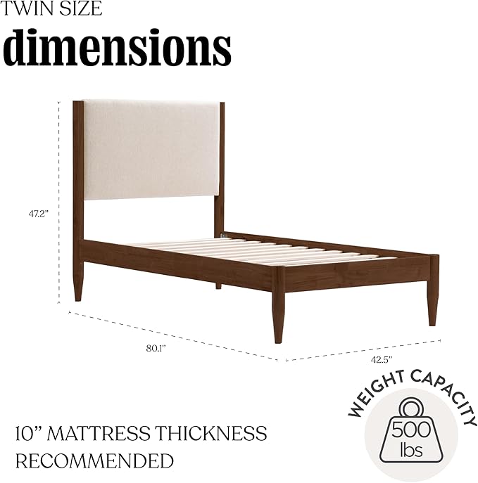 DG Casa Solid Wood Boucle Mid-Century Modern Twin Size Wooden Platform Bed Frame - Upholstered in Cream Boucle - Walnut Finish