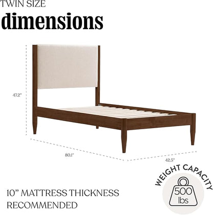 DG Casa Solid Wood Boucle Mid-Century Modern Twin Size Wooden Platform Bed Frame - Upholstered in Cream Boucle - Walnut Finish