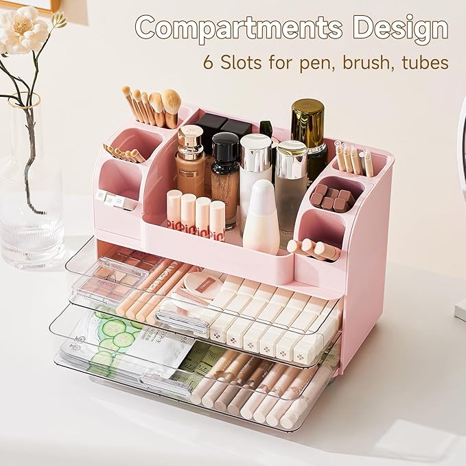 Makeup Organizer for Vanity with 2 Large Drawers, Cosmetic Display Case with Brush Holders, Easy to Storage for Bathroom Countertop Skincare, Desk Office Supplies, Pink